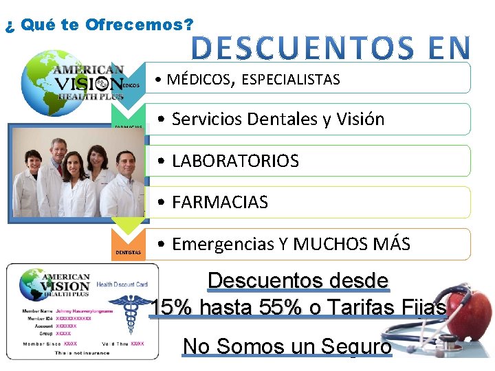 ¿ Qué te Ofrecemos? MEDICOS FARMACIAS • MÉDICOS, ESPECIALISTAS • Servicios Dentales y Visión