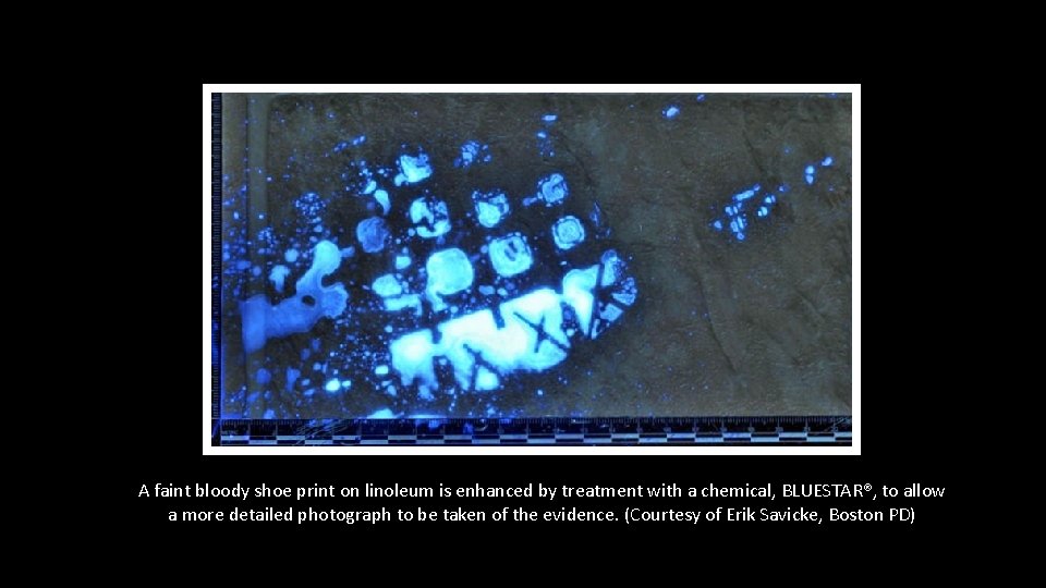 A faint bloody shoe print on linoleum is enhanced by treatment with a chemical, A faint bloody shoe print on linoleum is enhanced by treatment with a chemical,