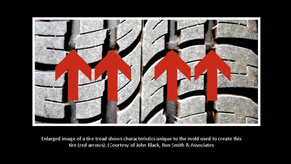 Enlarged image of a tire tread shows characteristics unique to the mold used to Enlarged image of a tire tread shows characteristics unique to the mold used to