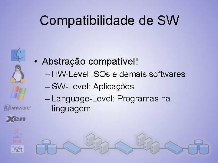 Compatibilidade de SW • Abstração compatível! – HW-Level: SOs e demais softwares – SW-Level: