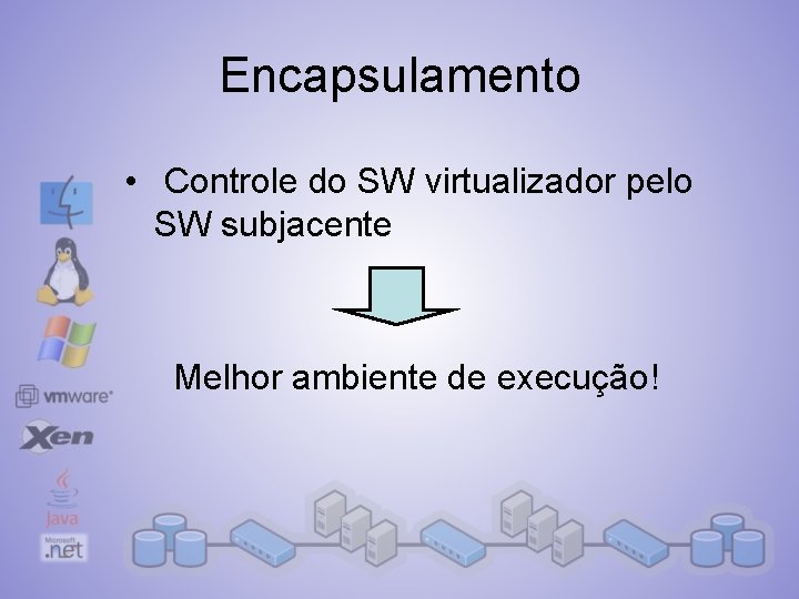 Encapsulamento • Controle do SW virtualizador pelo SW subjacente Melhor ambiente de execução! 