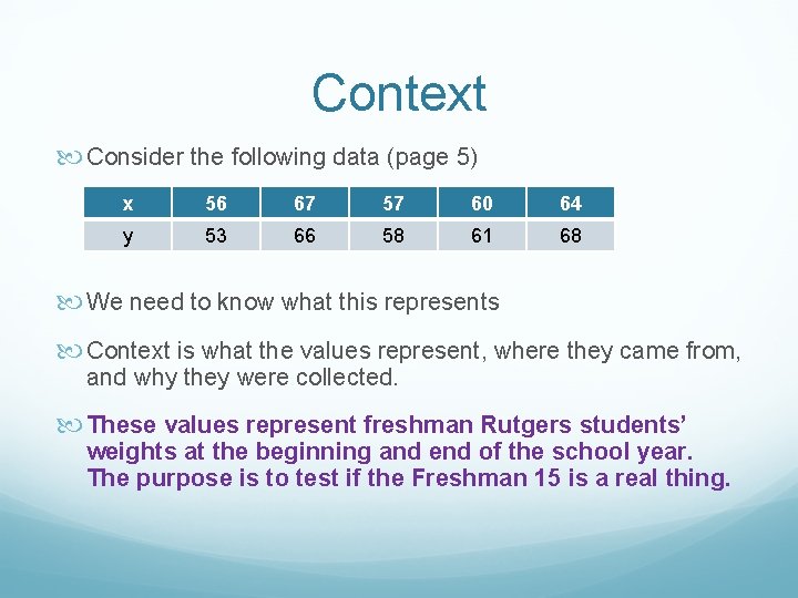 Context Consider the following data (page 5) x 56 67 57 60 64 y Context Consider the following data (page 5) x 56 67 57 60 64 y