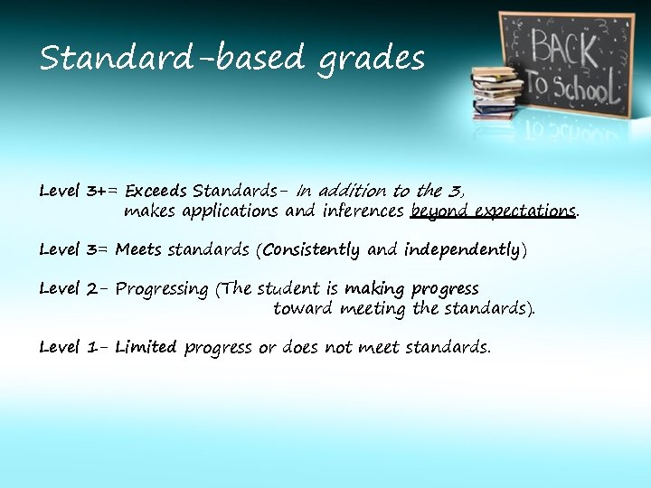 Standard-based grades Level 3+= Exceeds Standards- In addition to the 3, makes applications and