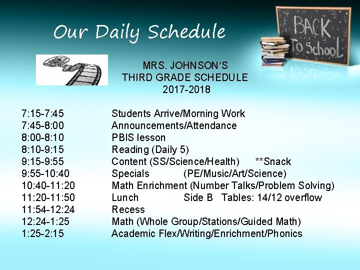 Our Daily Schedule MRS. JOHNSON’S THIRD GRADE SCHEDULE 2017 -2018 7: 15 -7: 45