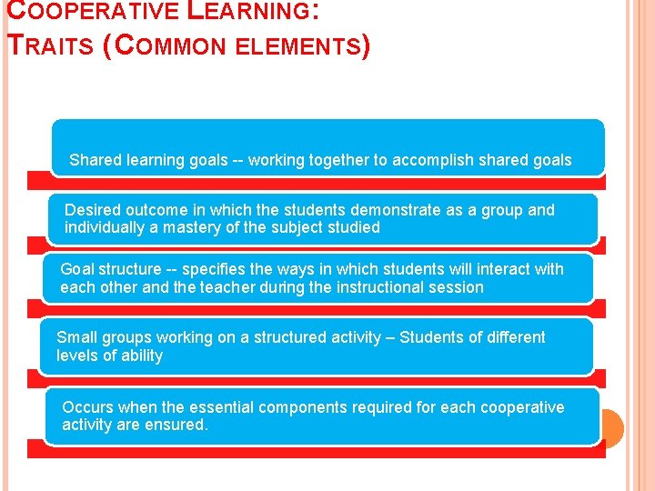 COOPERATIVE LEARNING: TRAITS ( COMMON ELEMENTS) Shared learning goals -- working together to accomplish