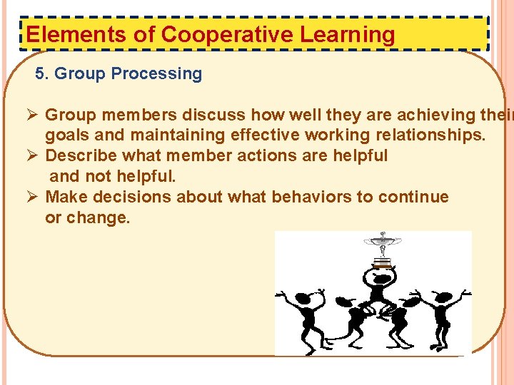 Elements of Cooperative Learning 5. Group Processing Ø Group members discuss how well they