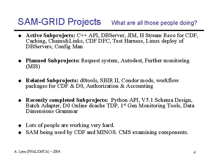 SAM-GRID Projects What are all those people doing? u Active Subprojects: C++ API, DBServer,