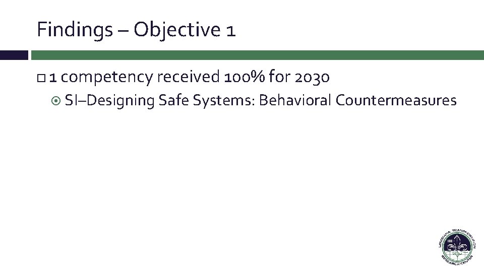 Findings – Objective 1 1 competency received 100% for 2030 SI–Designing Safe Systems: Behavioral Findings – Objective 1 1 competency received 100% for 2030 SI–Designing Safe Systems: Behavioral