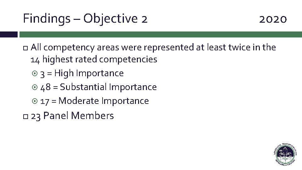 Findings – Objective 2 2020 All competency areas were represented at least twice in Findings – Objective 2 2020 All competency areas were represented at least twice in