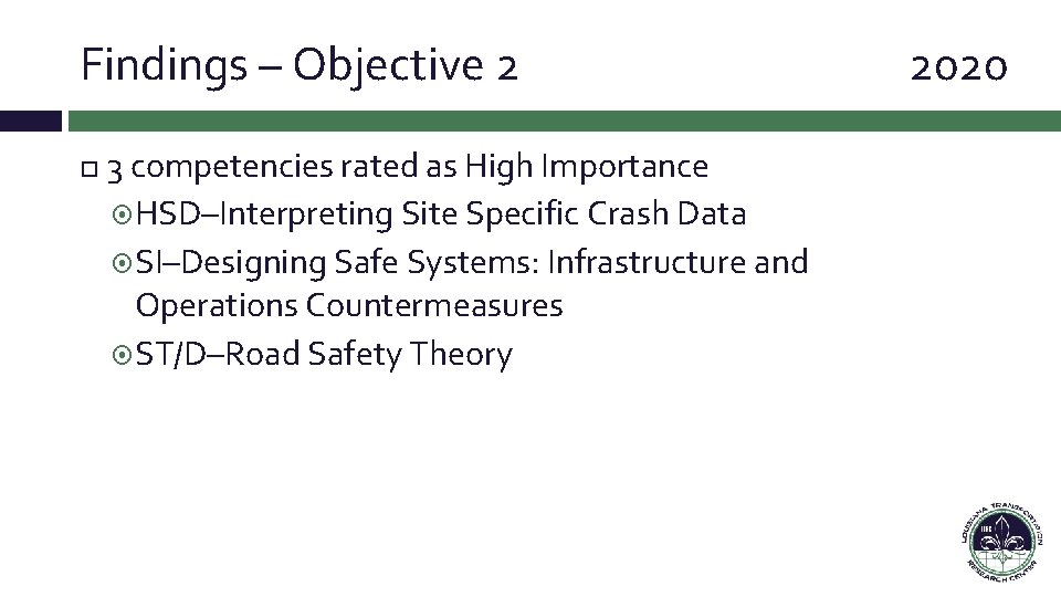 Findings – Objective 2 3 competencies rated as High Importance HSD–Interpreting Site Specific Crash Findings – Objective 2 3 competencies rated as High Importance HSD–Interpreting Site Specific Crash