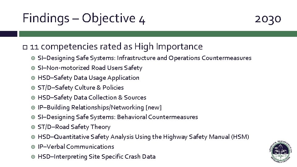 Findings – Objective 4 11 competencies rated as High Importance SI–Designing Safe Systems: Infrastructure Findings – Objective 4 11 competencies rated as High Importance SI–Designing Safe Systems: Infrastructure