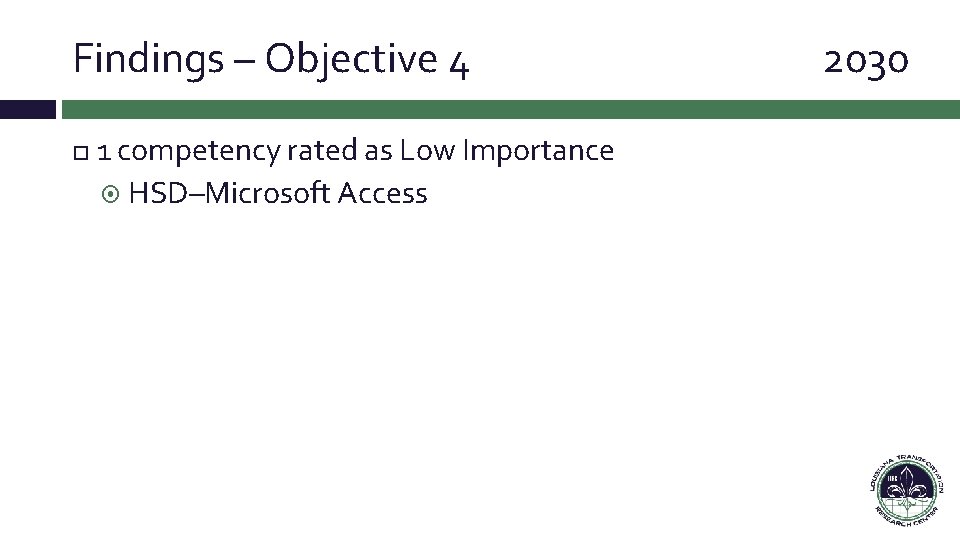 Findings – Objective 4 1 competency rated as Low Importance HSD–Microsoft Access 2030 Findings – Objective 4 1 competency rated as Low Importance HSD–Microsoft Access 2030