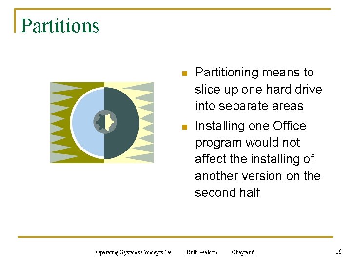 Partitions Operating Systems Concepts 1/e n Partitioning means to slice up one hard drive Partitions Operating Systems Concepts 1/e n Partitioning means to slice up one hard drive