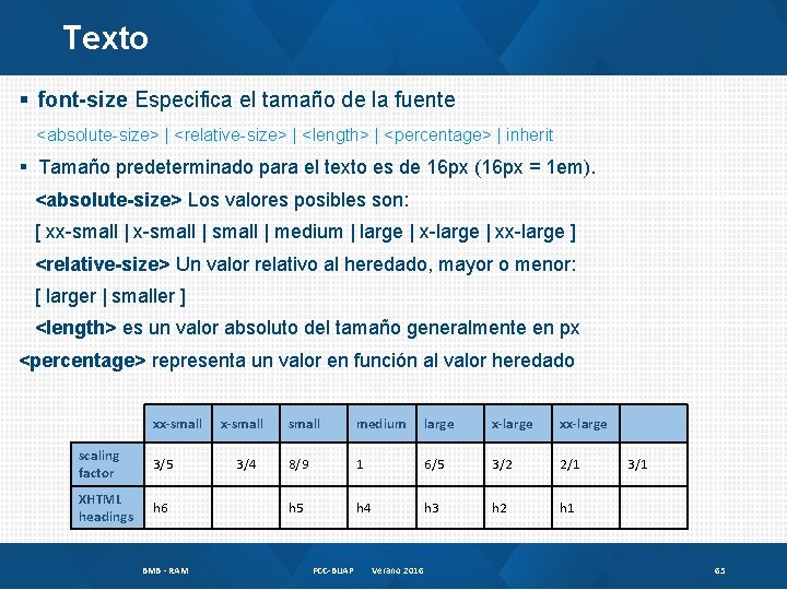 Texto § font-size Especifica el tamaño de la fuente <absolute-size> | <relative-size> | <length>