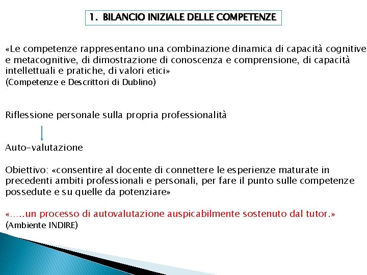 1. BILANCIO INIZIALE DELLE COMPETENZE «Le competenze rappresentano una combinazione dinamica di capacità cognitive