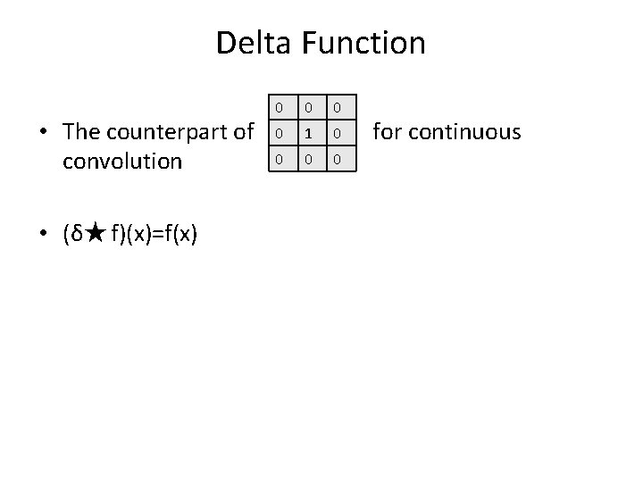 Delta Function • The counterpart of convolution • (δ★ f)(x)=f(x) 0 0 1 0