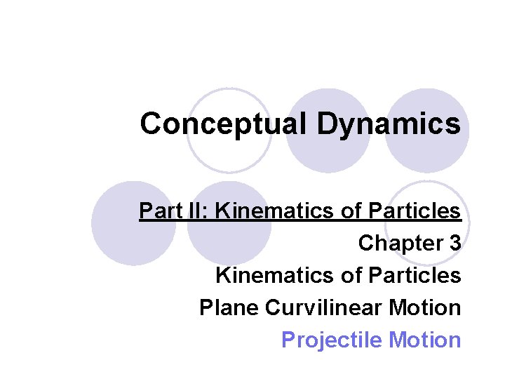 Conceptual Dynamics Part II: Kinematics of Particles Chapter 3 Kinematics of Particles Plane Curvilinear