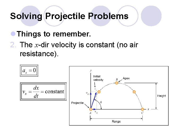 Solving Projectile Problems l Things to remember. 2. The x-dir velocity is constant (no