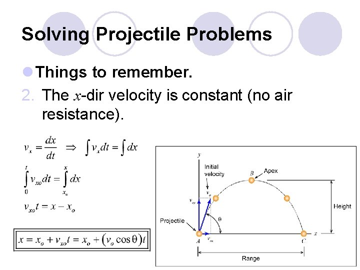 Solving Projectile Problems l Things to remember. 2. The x-dir velocity is constant (no