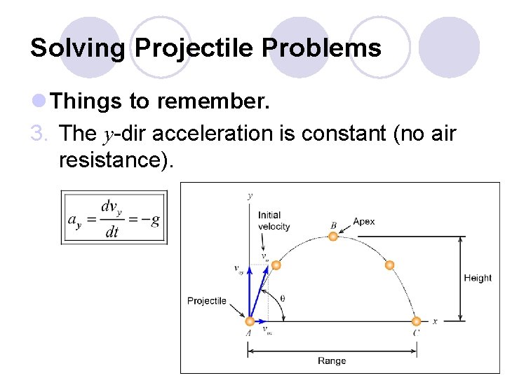 Solving Projectile Problems l Things to remember. 3. The y-dir acceleration is constant (no