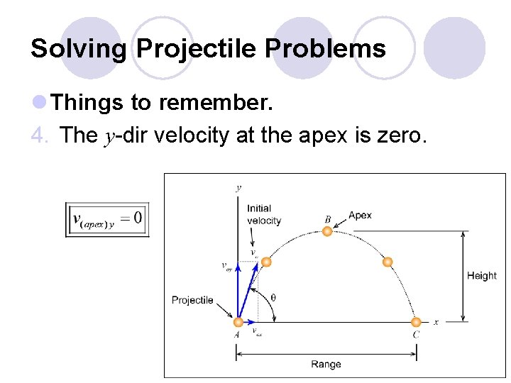 Solving Projectile Problems l Things to remember. 4. The y-dir velocity at the apex