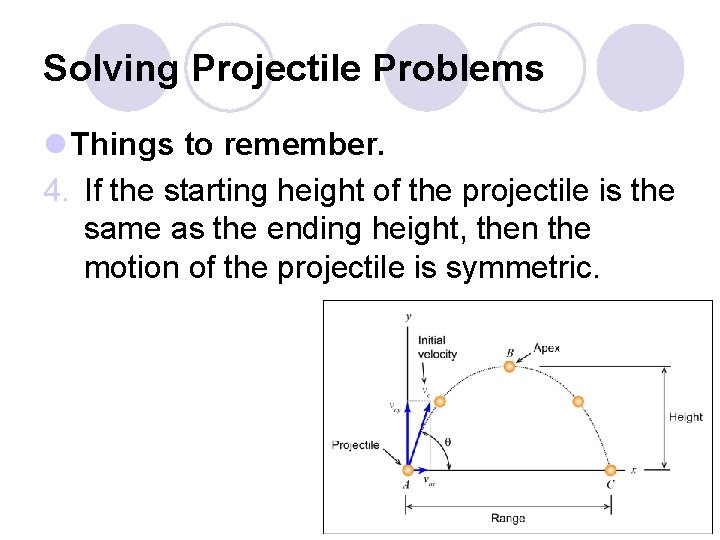 Solving Projectile Problems l Things to remember. 4. If the starting height of the