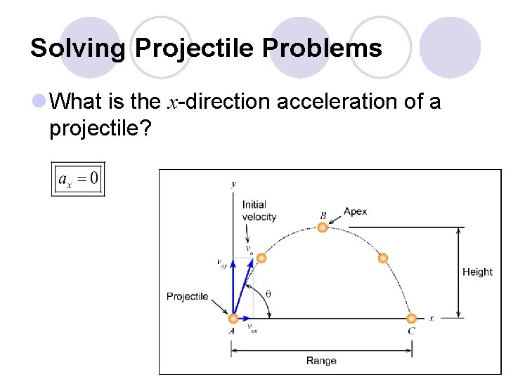 Solving Projectile Problems l What is the x-direction acceleration of a projectile? 