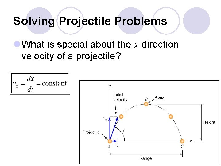 Solving Projectile Problems l What is special about the x-direction velocity of a projectile?