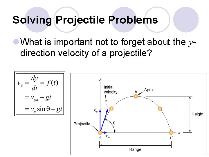 Solving Projectile Problems l What is important not to forget about the ydirection velocity