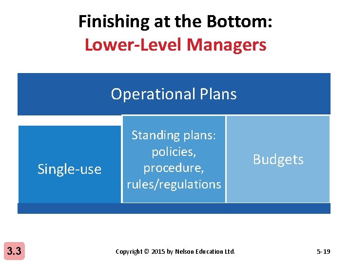 Finishing at the Bottom: Lower-Level Managers Operational Plans Single-use 3. 3 Standing plans: policies,