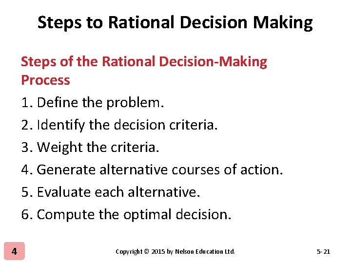 Steps to Rational Decision Making Steps of the Rational Decision-Making Process 1. Define the