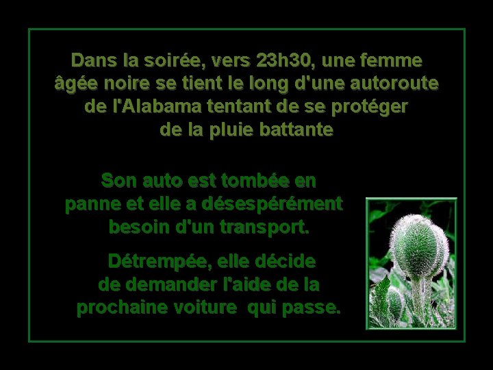 Dans la soirée, vers 23 h 30, une femme âgée noire se tient le