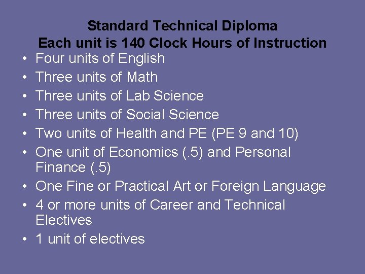  • • • Standard Technical Diploma Each unit is 140 Clock Hours of