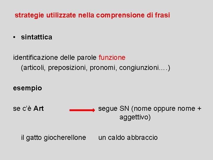 strategie utilizzate nella comprensione di frasi • sintattica identificazione delle parole funzione (articoli, preposizioni,