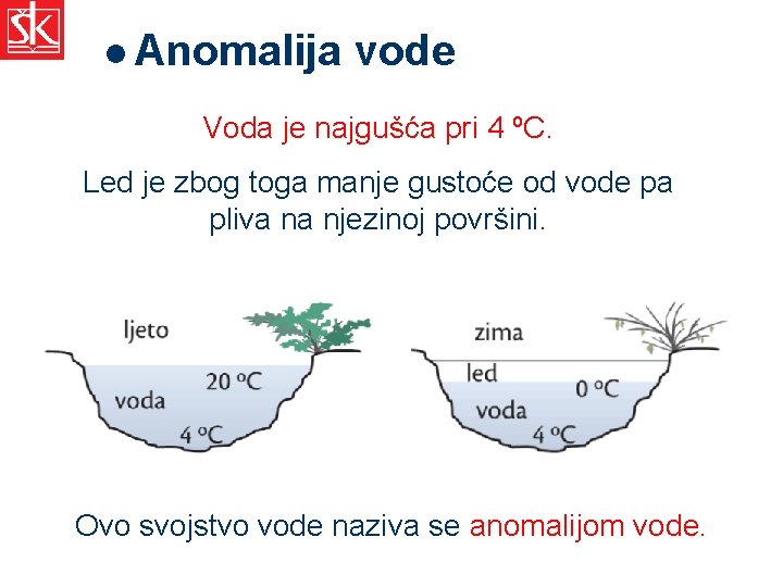 l Anomalija vode Voda je najgušća pri 4 ºC. Led je zbog toga manje