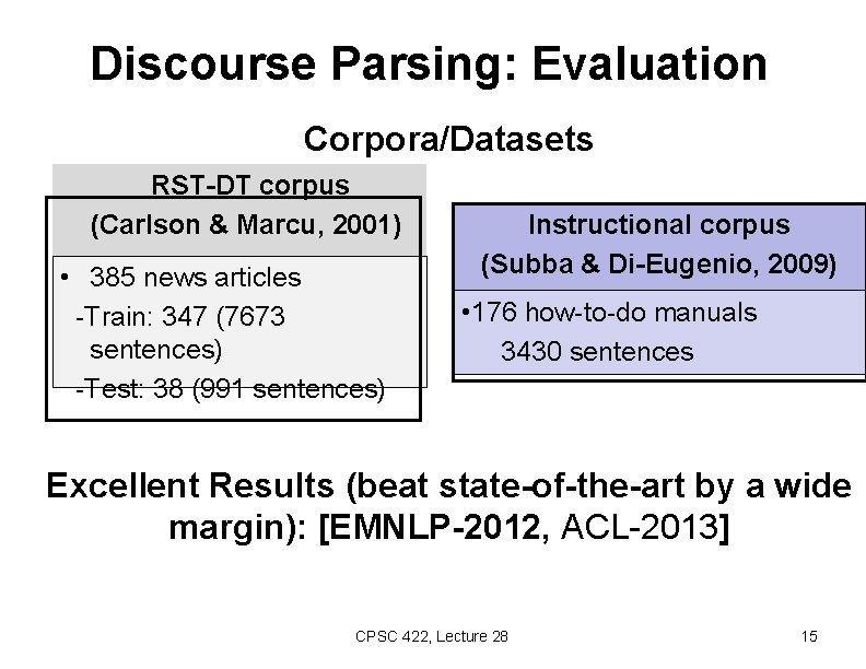 Discourse Parsing: Evaluation Corpora/Datasets RST-DT corpus (Carlson & Marcu, 2001) • 385 news articles