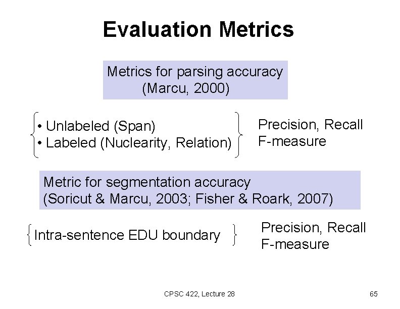 Evaluation Metrics for parsing accuracy (Marcu, 2000) • Unlabeled (Span) • Labeled (Nuclearity, Relation)