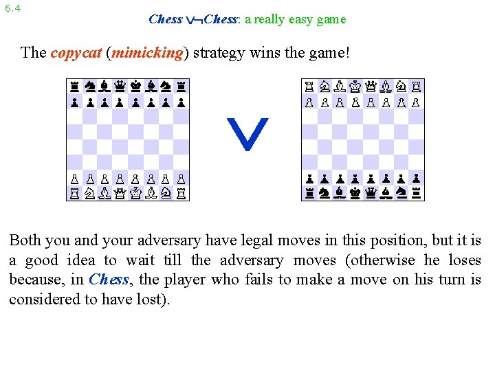 6. 4 Chess: a really easy game The copycat (mimicking) strategy wins the game!
