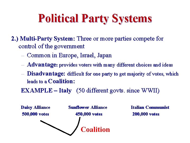 Political Party Systems 2. ) Multi-Party System: Three or more parties compete for control