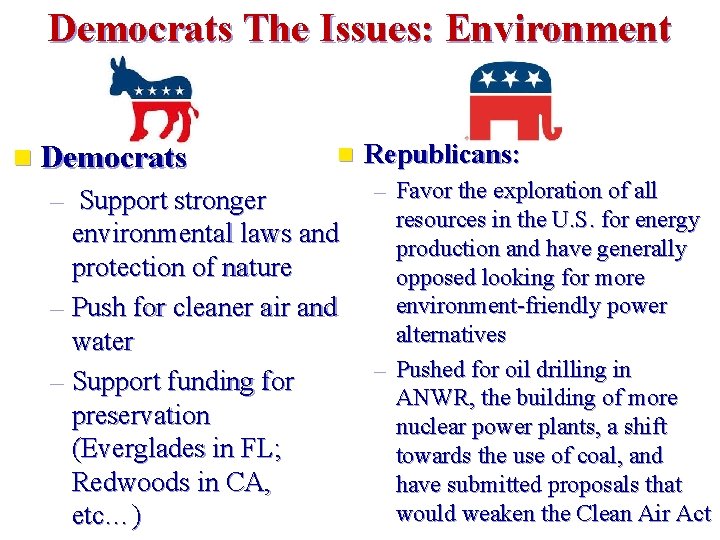 Democrats The Issues: Environment n Democrats n – Support stronger environmental laws and protection