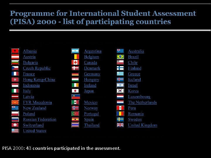 PISA 2000: 43 countries participated in the assessment. 