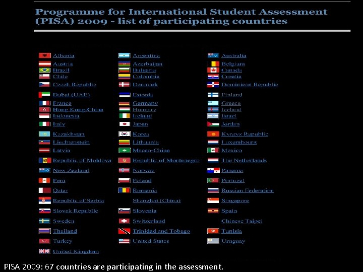 PISA 2009: 67 countries are participating in the assessment. 