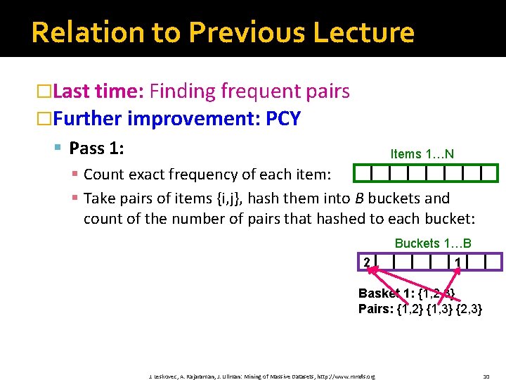 Relation to Previous Lecture �Last time: Finding frequent pairs �Further improvement: PCY § Pass