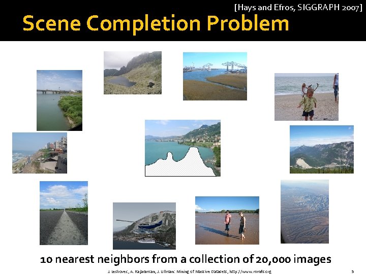 [Hays and Efros, SIGGRAPH 2007] Scene Completion Problem 10 nearest neighbors from a collection