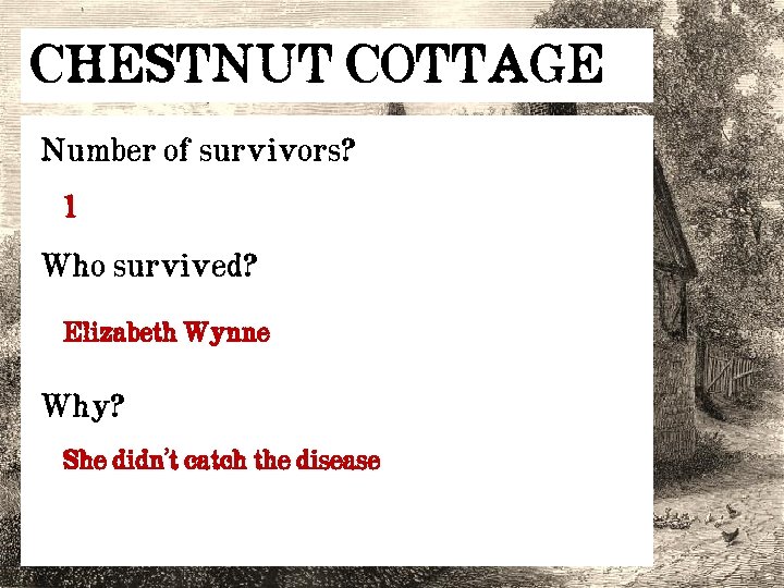 CHESTNUT COTTAGE Number of survivors? 1 Who survived? Elizabeth Wynne Why? She didn’t catch