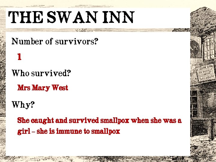 THE SWAN INN Number of survivors? 1 Who survived? Mrs Mary West Why? She