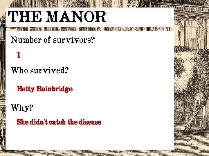 THE MANOR Number of survivors? 1 Who survived? Betty Bainbridge Why? She didn’t catch