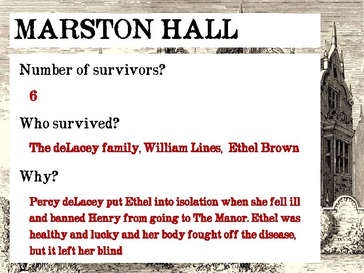MARSTON HALL Number of survivors? 6 Who survived? The de. Lacey family, William Lines,