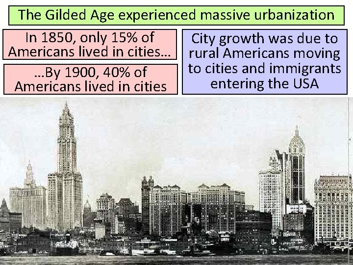 The Gilded Age experienced massive urbanization In 1850, only 15% of City growth was