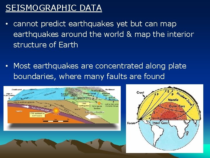 SEISMOGRAPHIC DATA • cannot predict earthquakes yet but can map earthquakes around the world